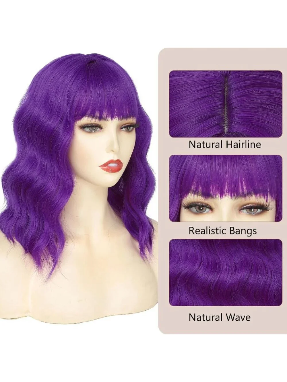 Women's Dark Purple 14 Inch Heat Resistant Short Wavy Hair Pastel Bob Wig Bangs